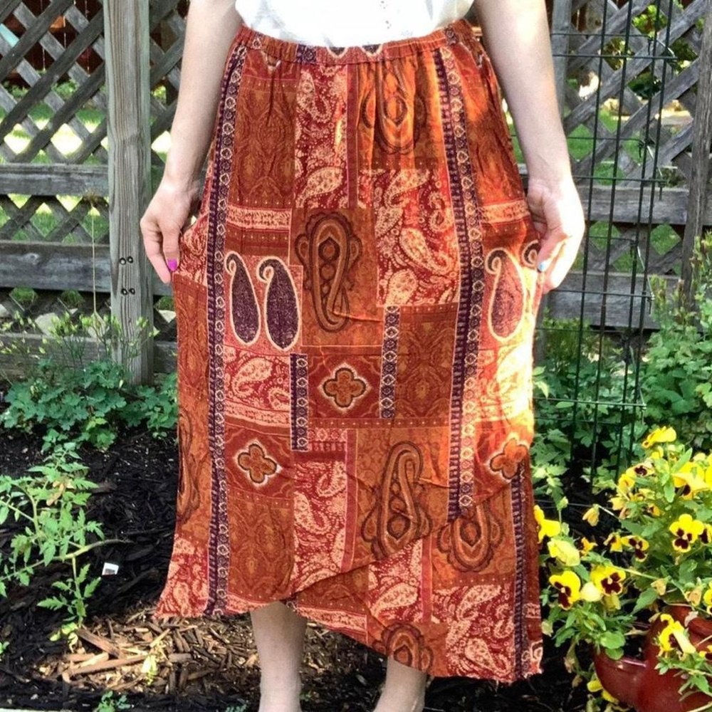 vintage 90s paisley maxi skirt timbuktu station slits asymmetrical hem rayon